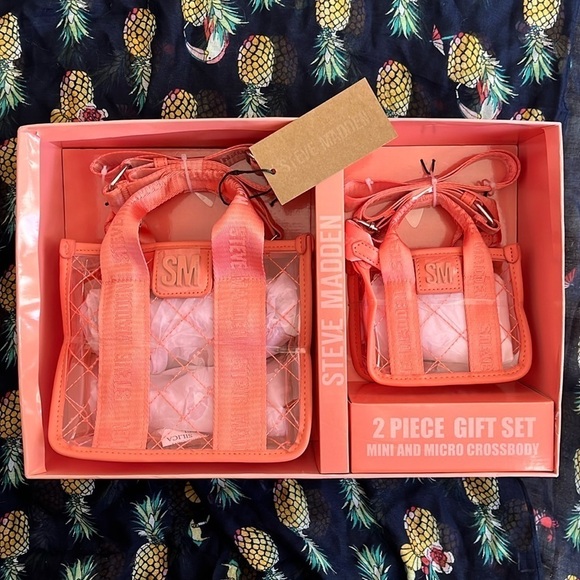 Brand New Steve Madden 2-Piece Set Mini & Micro Crossbody Purse Clear Coral - Picture 14 of 14